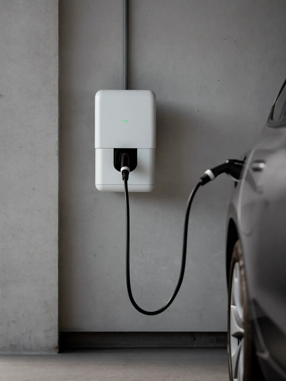 Wallbox branca com anel de luz verde montada na parede de uma garagem, com o cabo ligado a um carro elétrico
